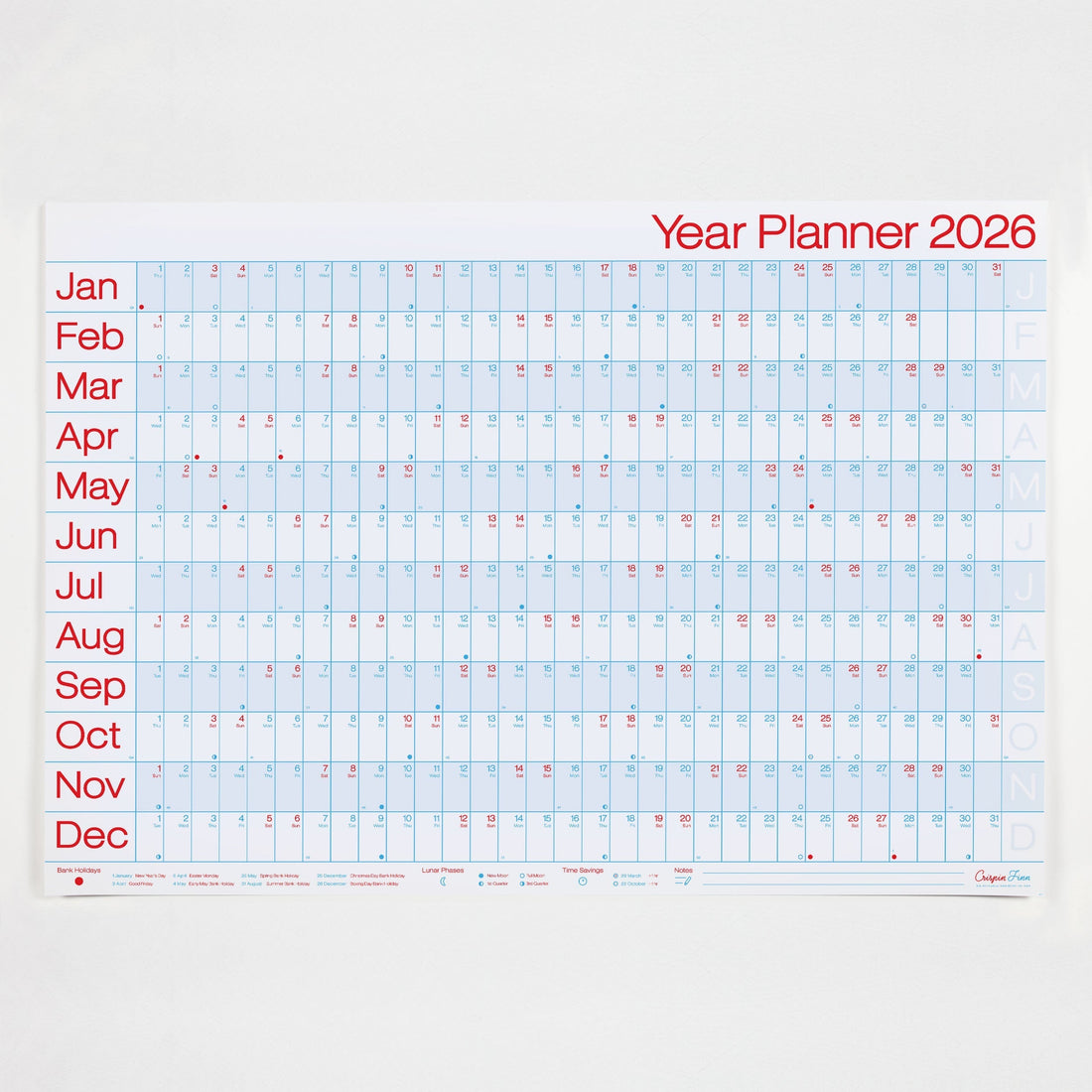 2026 Year planner for the wall by Crispin Finn in red white and blue, landscape version.