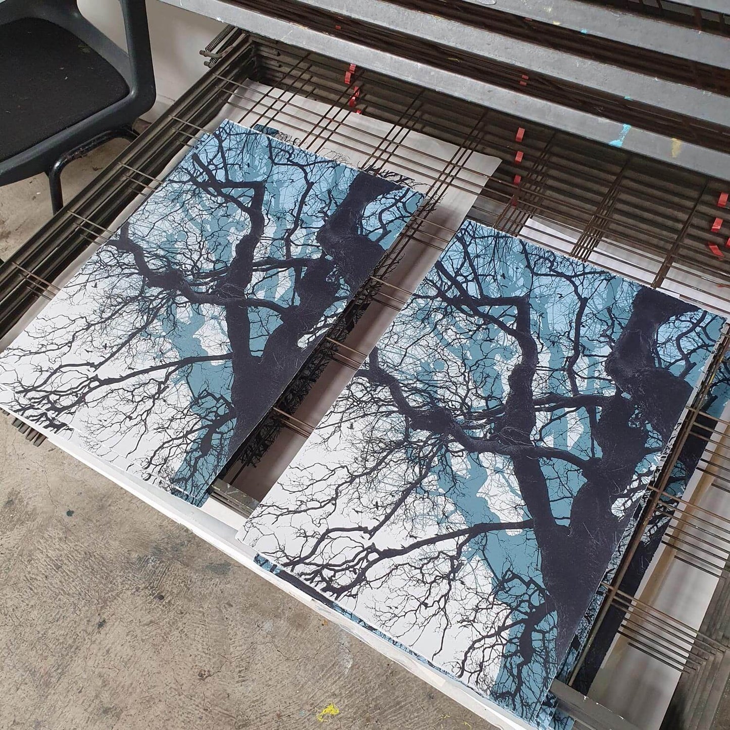 Branches in blue original tree screen print by Fiona Hamilton