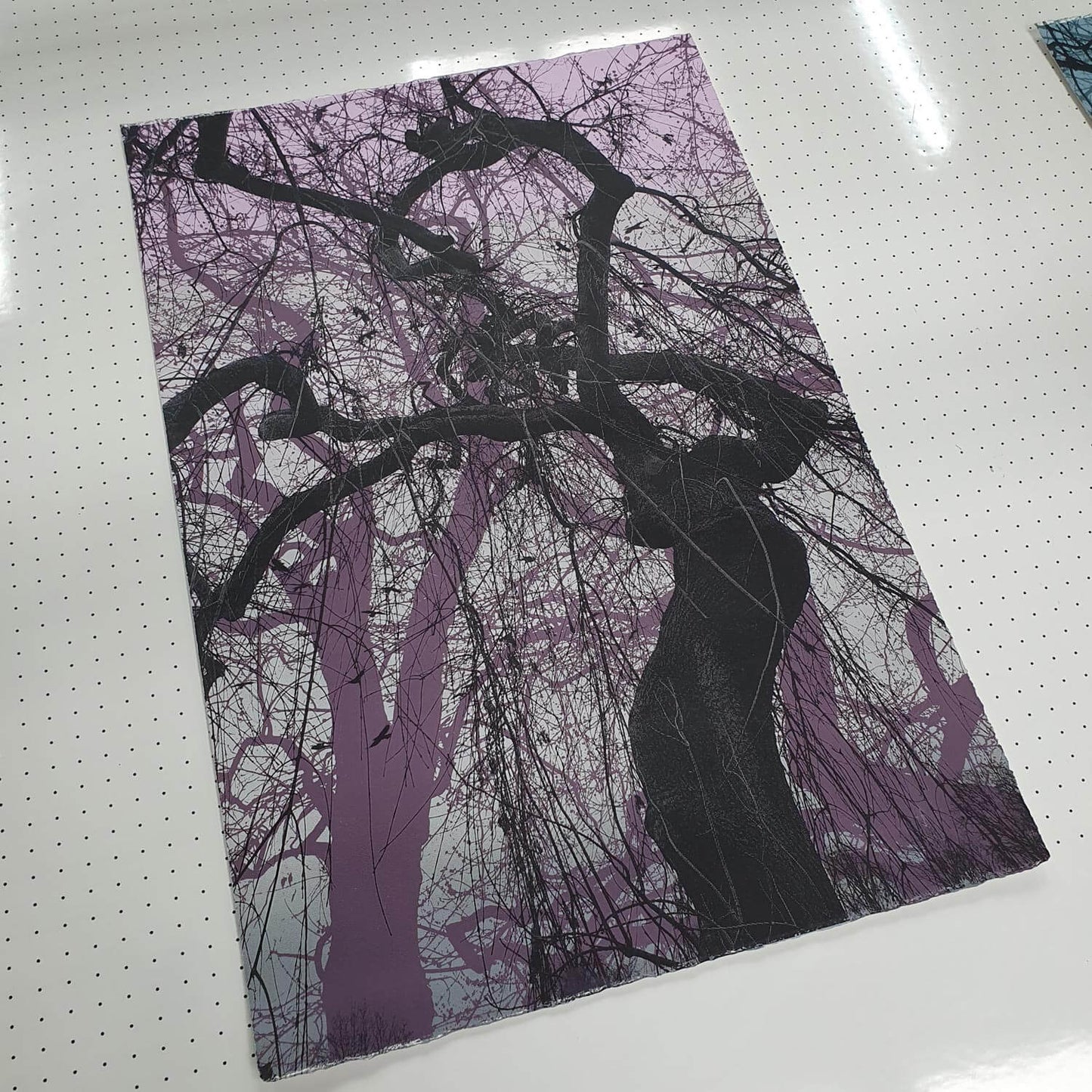 Branches in purple original tree screen print by Fiona Hamilton.