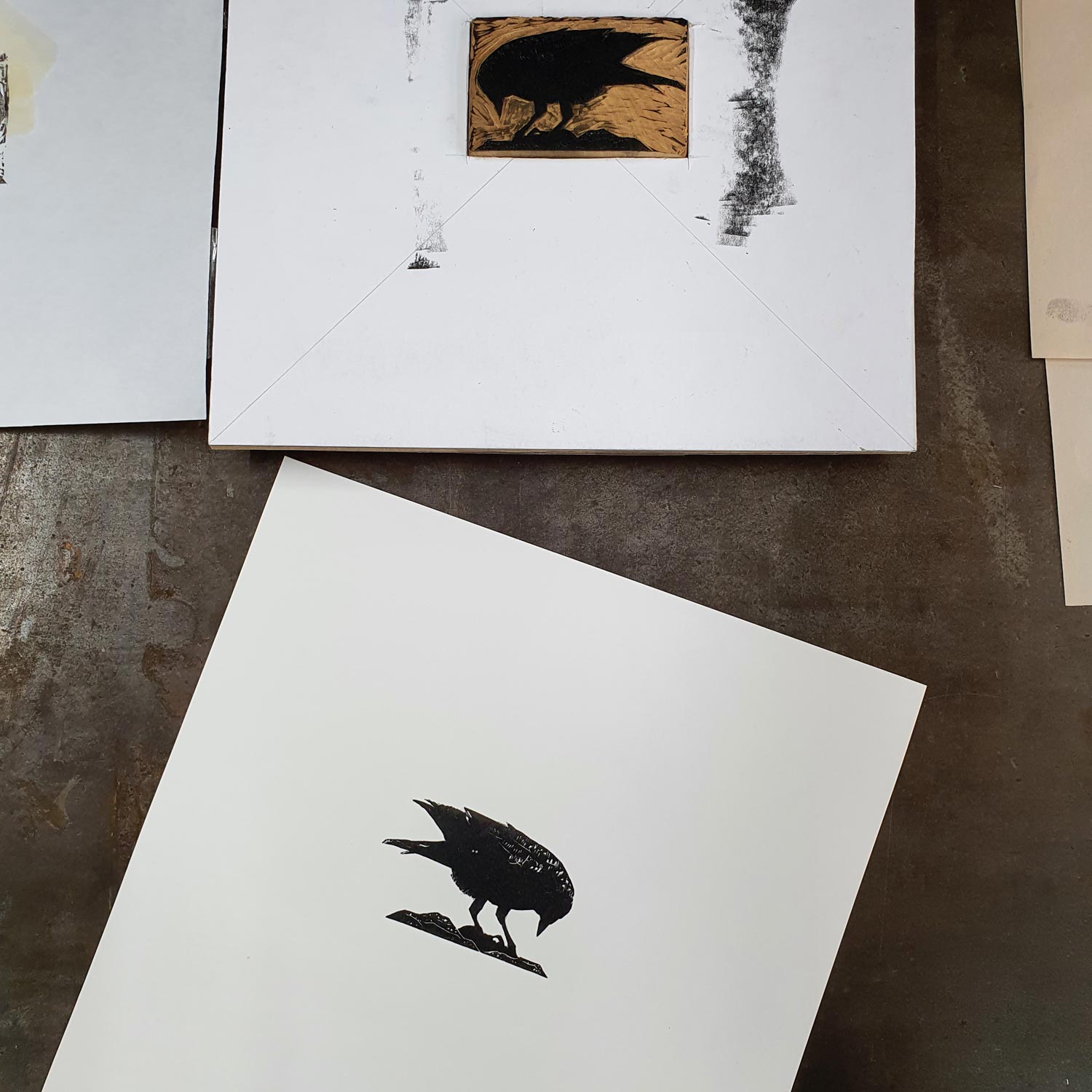 Pecking Jackdaw miniature original wood engraving carved and cut print by artist Fiona Hamilton.