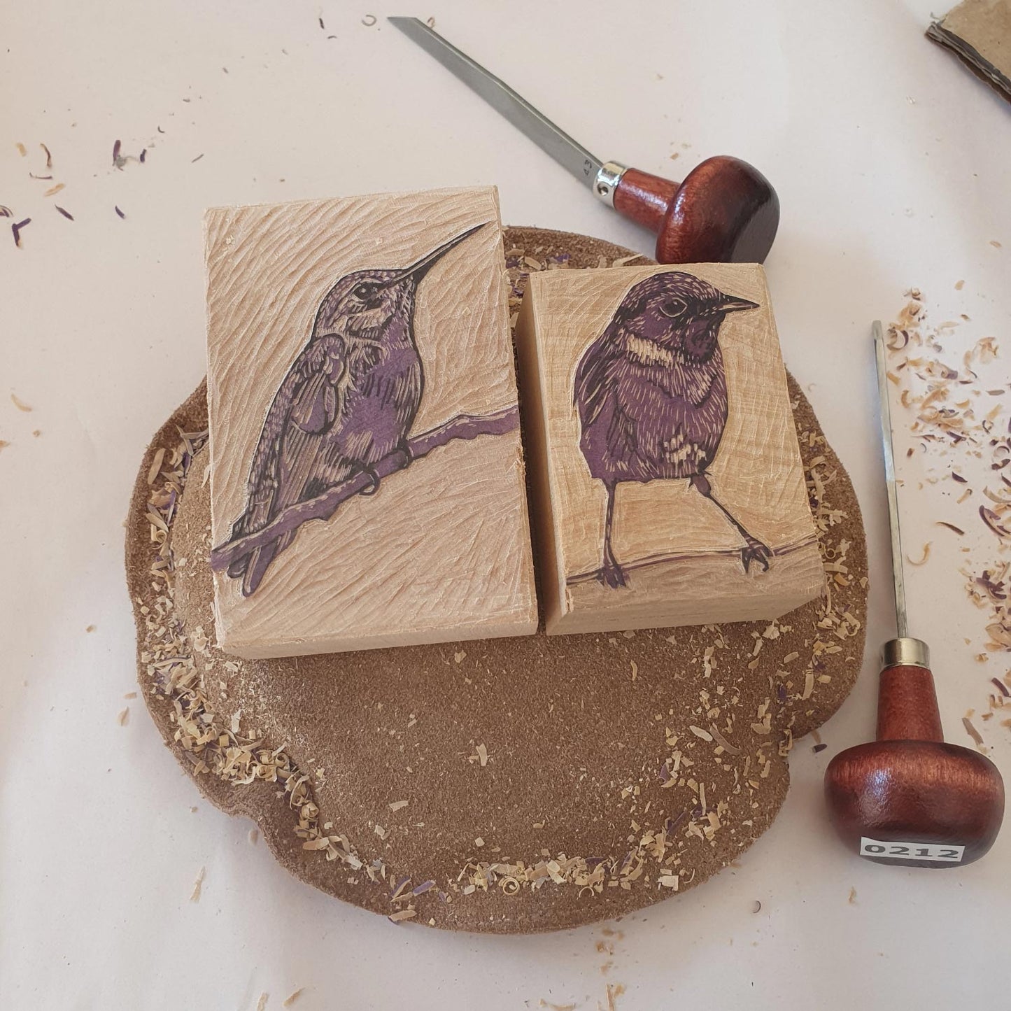 Wood engraving print of Anna's Hummingbird miniature hand printed wood cut relief print in black and white by Fiona Hamilton.