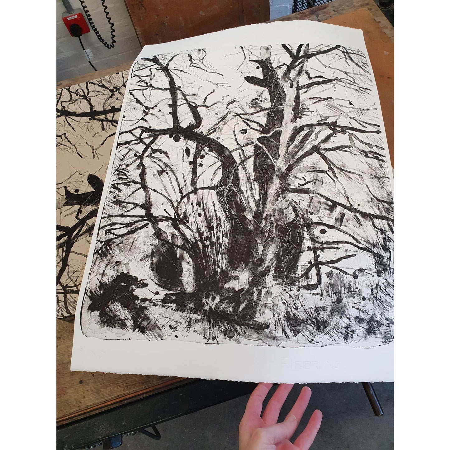 Wintertide stone lithography original art print by Multi-Disciplinary printmaker Fiona Hamilton depicting a tree in Winter in Ashton Court.