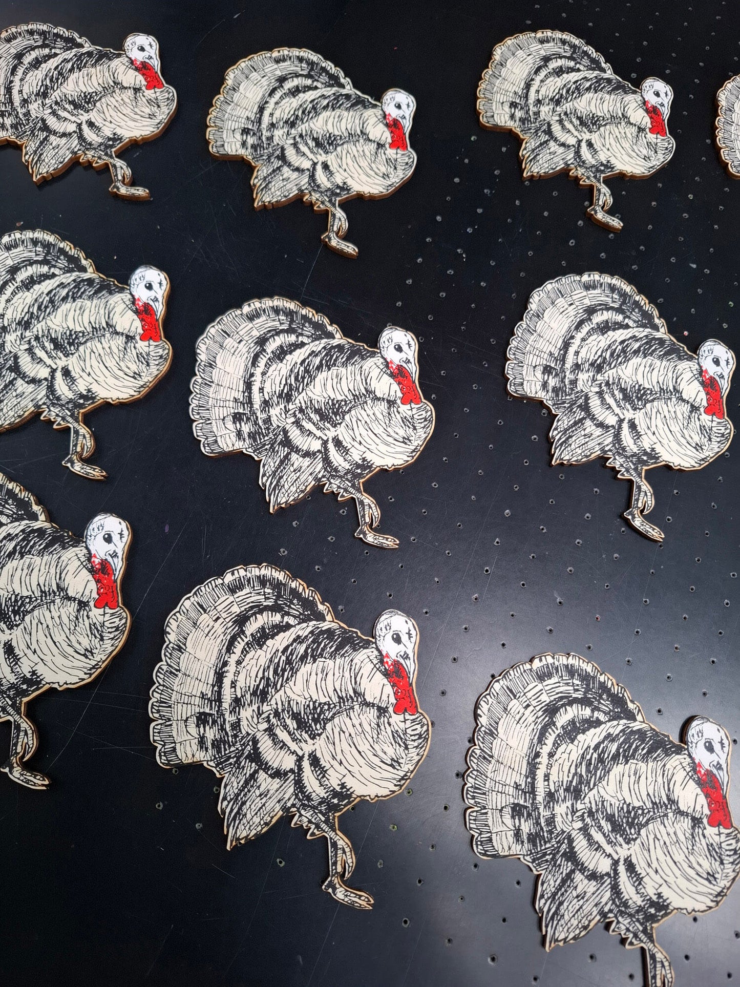 Turkey hand screen printed laser cut wood Christmas holiday decoration by Fiona Hamilton in red, white, black and birch wood.