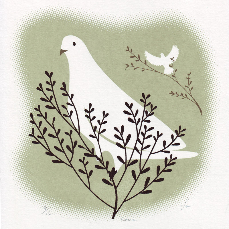 White dove on branch original art screen print by Sally Elford.
