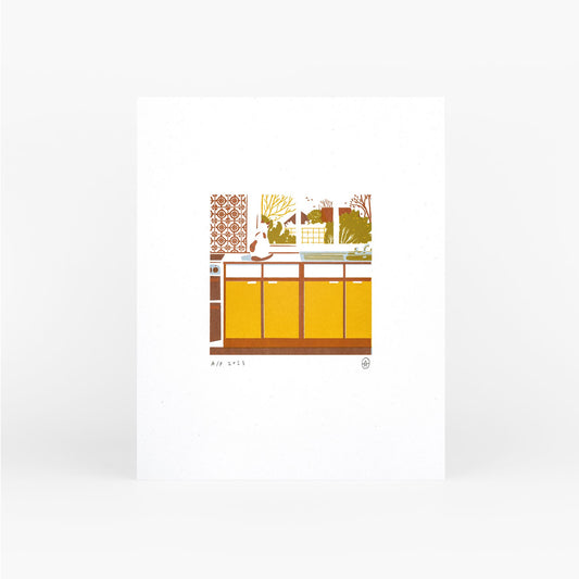 cat in a kitchen looking out of a window screen print by pirrip press inspired by judith kerr