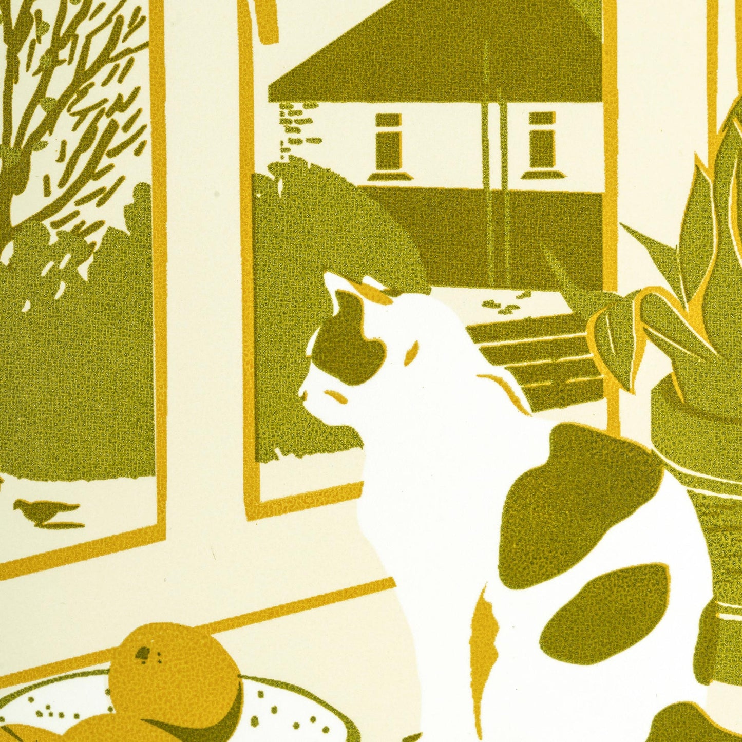 cat in a kitchen looking out of a window screen print by pirrip press
