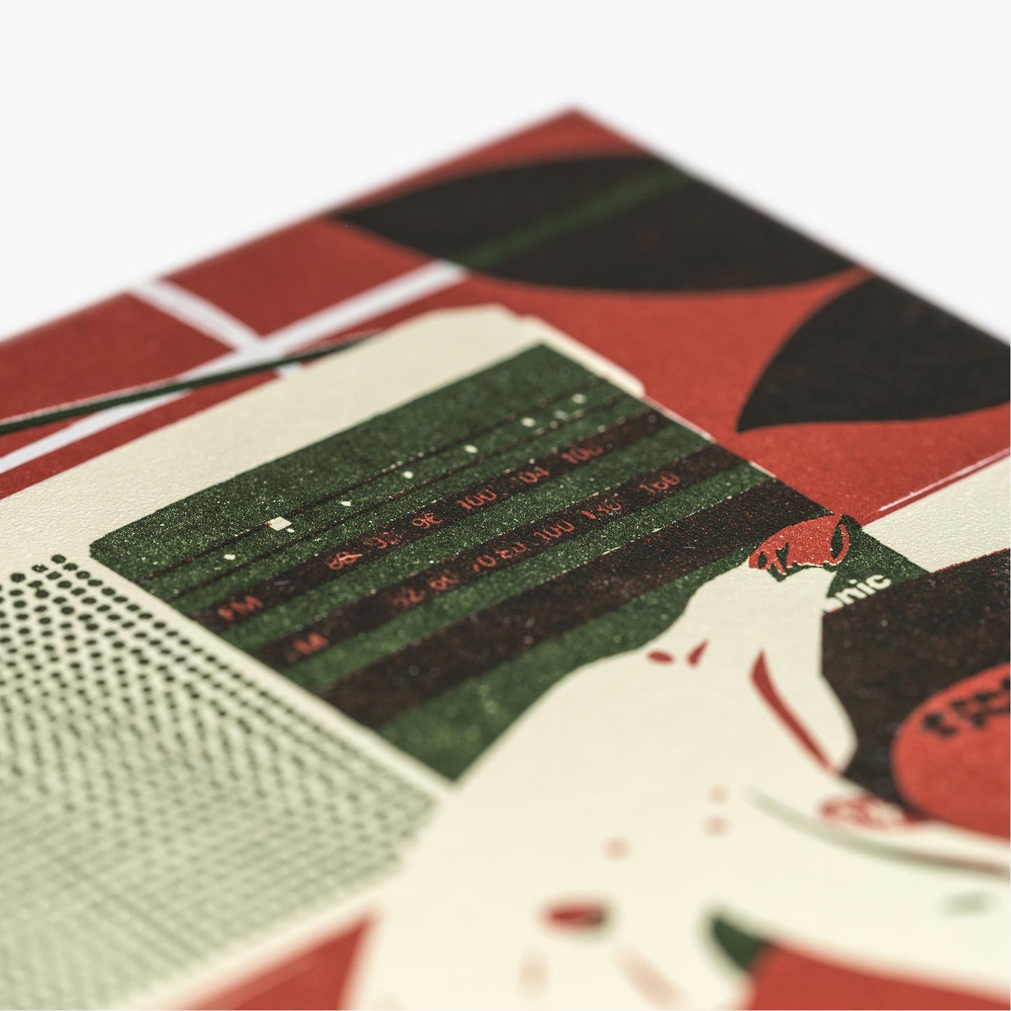 still life radio and fruit bowl with banana and orange screen print by pirrip press