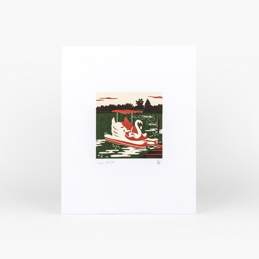 Swan pedalo boat floating on river or lake screen print by pirrip press.