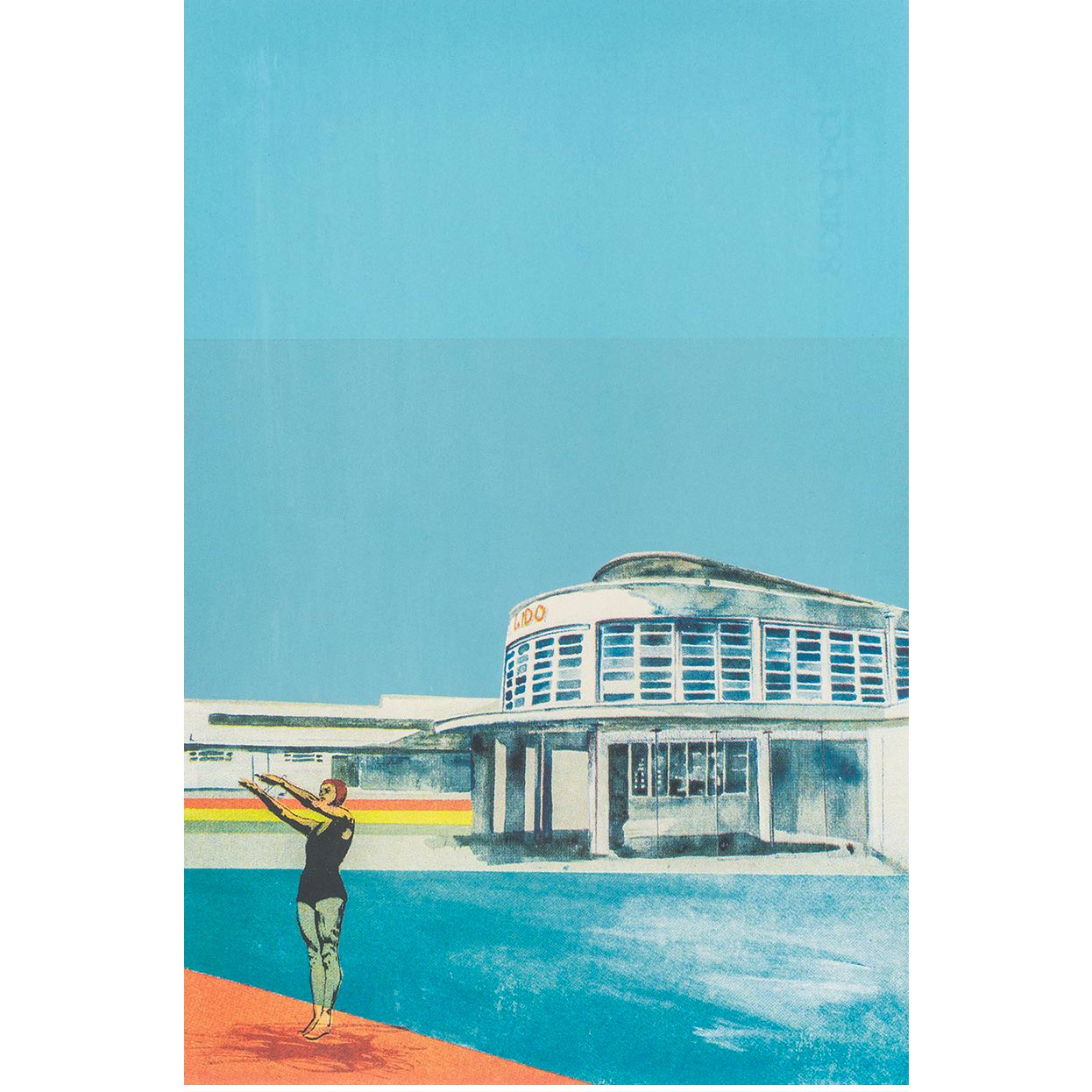 Screen print of a diver about to do a back flip into a pool in front of a building with a lido sign.