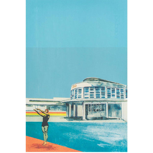 Screen print of a diver about to do a back flip into a pool in front of a building with a lido sign.