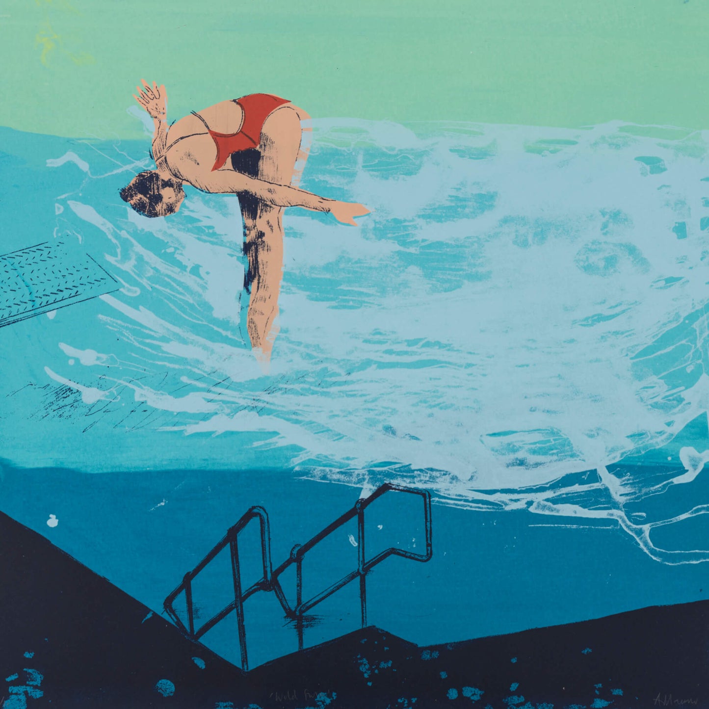 Wild Swim by Anna Marrow screen print of a diver wearing a red swimsuit jumping into a green and blue pool of water with waves.