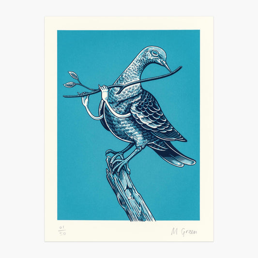 Bird song screen print by matthew green featuring a bird playing a twig like a flute. Bird is perched on a stump and has two arms and hands.