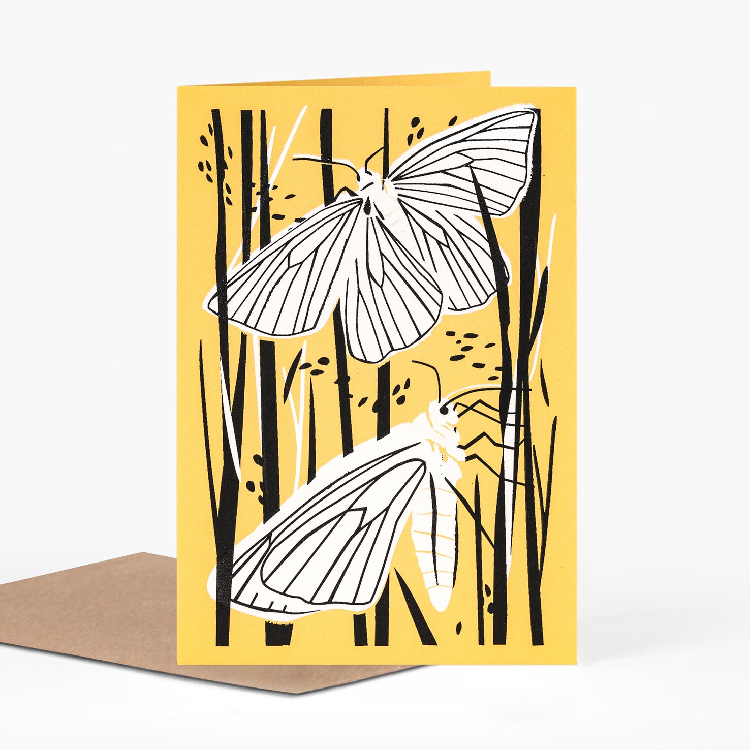 Black veined moths greeting card in black white and yellow greeting card by pirrip press.