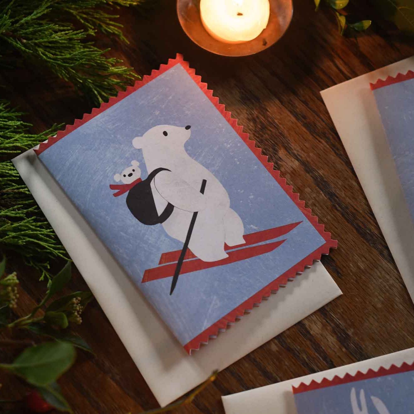 Mother polar bear and a baby in a backpack christmas holiday greeting card by mortlake papers