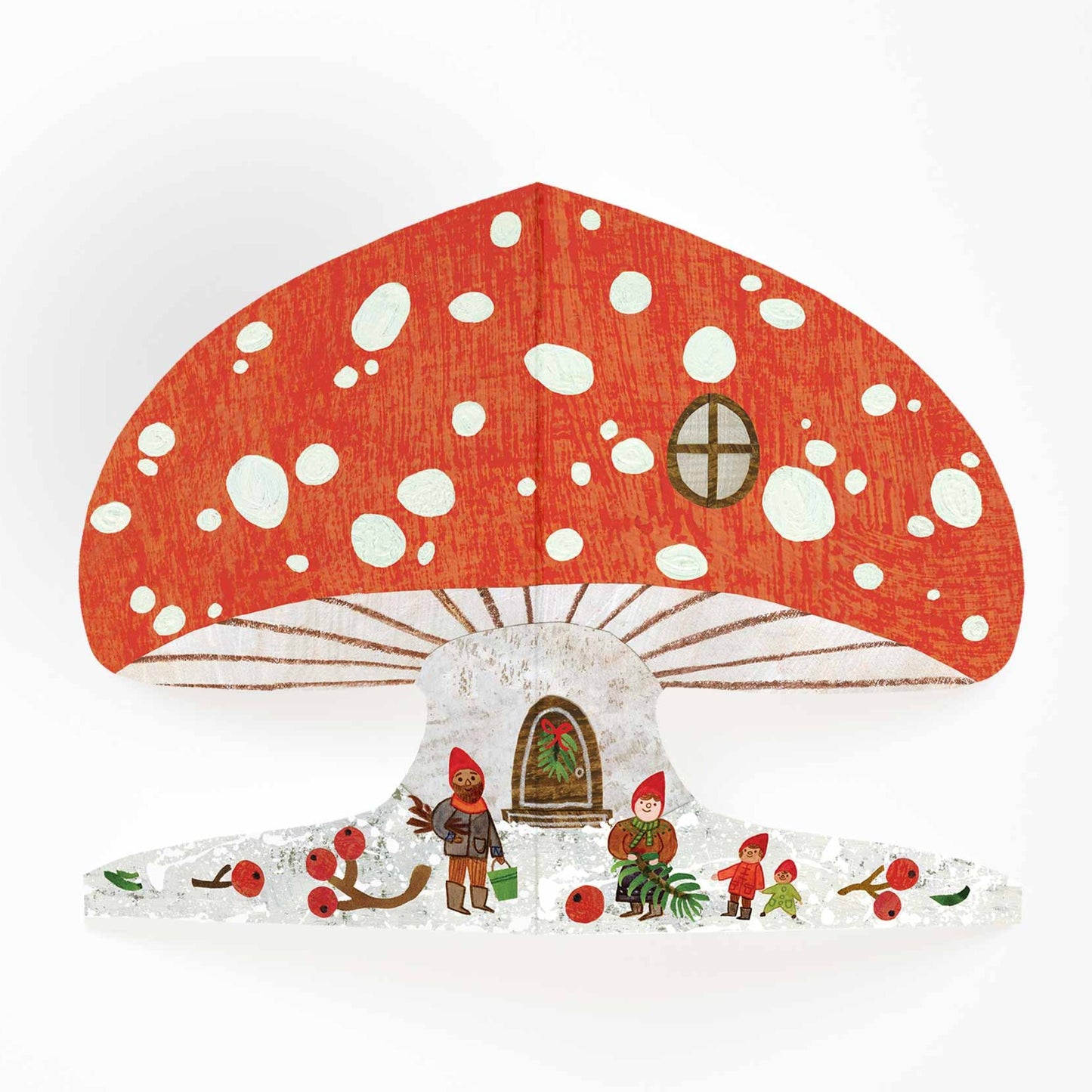 Snowy red mushroom house winter scene christmas card.