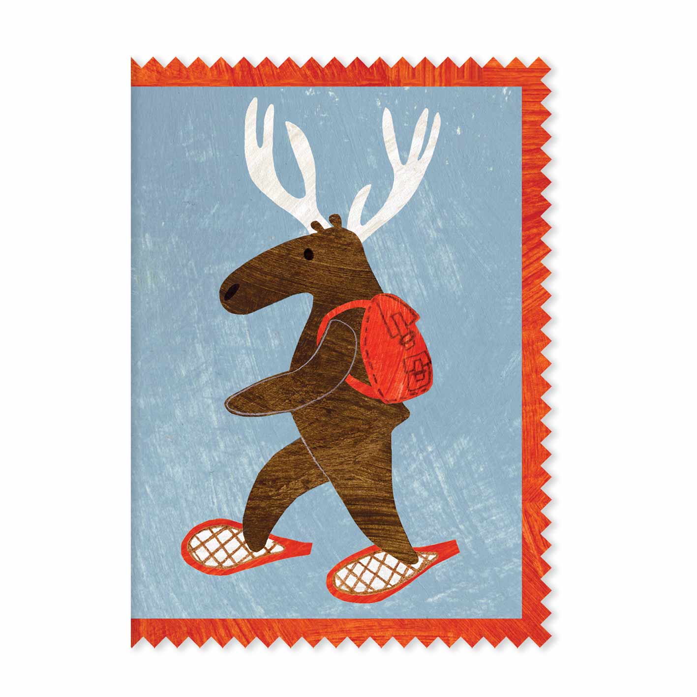 Moose or deer wearing snowshoes and a backpack christmas holiday greeting card by mortlake papers