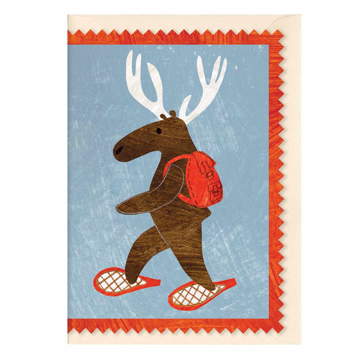 Moose or deer wearing snowshoes and a backpack christmas holiday greeting card by mortlake papers