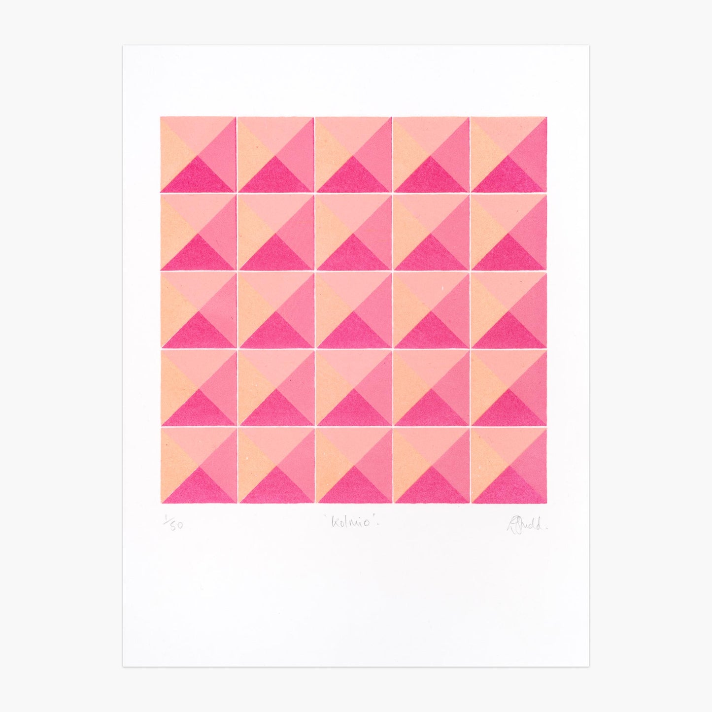 Print by Emma Studd featuring pink and peach triangles making squares in a square formation