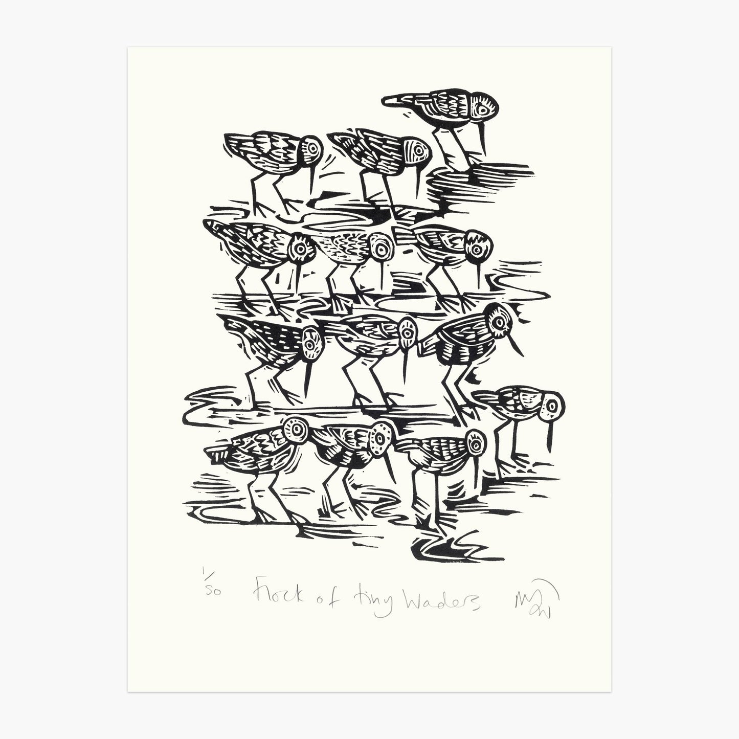 Flock of tiny waders lino cut print in black and white by Melanie Wickham.