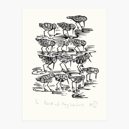Flock of tiny waders lino cut print in black and white by Melanie Wickham.