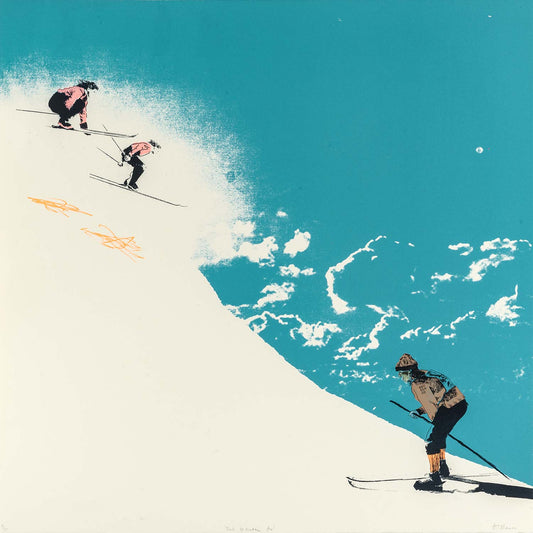 Fresh Mountain Air Skiiers skiing on a snowy mountain original screen print in turquoise by Anna Marrow