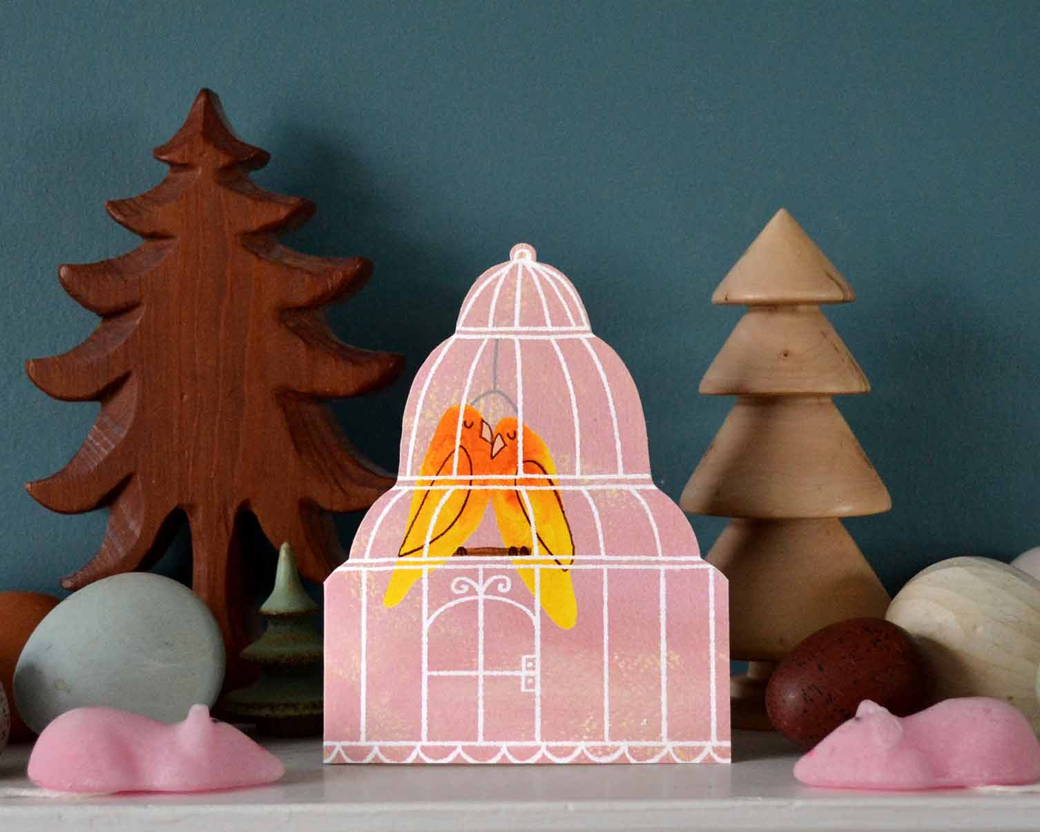 Lovebirds die cut greeting card by Mortlake Papers.