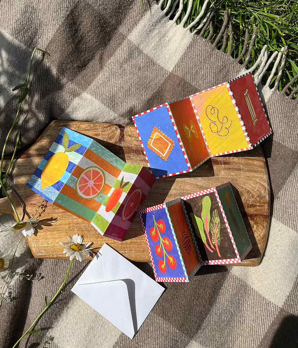 Vegetable patch, pasta and citrus fruit concertina greeting card by Mortlake Papers.