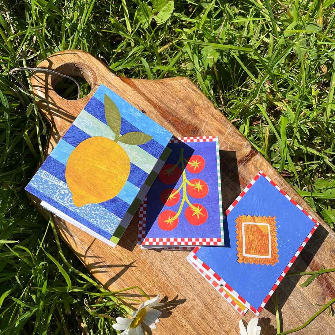 Pasta, fruit and vegetables concertina greeting card by Mortlake Papers.