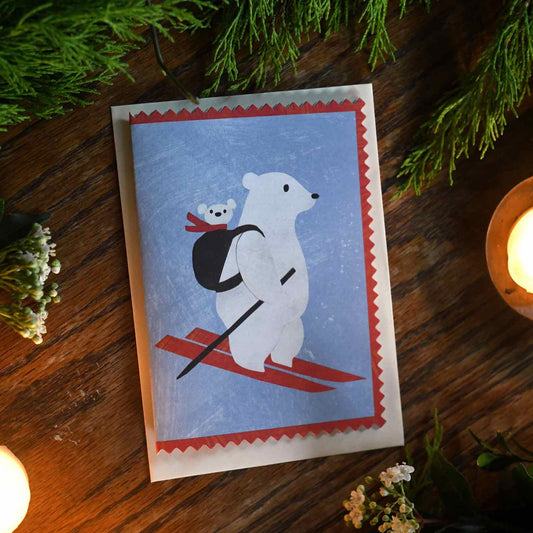 Mother polar bear and a baby in a backpack christmas holiday greeting card by mortlake papers