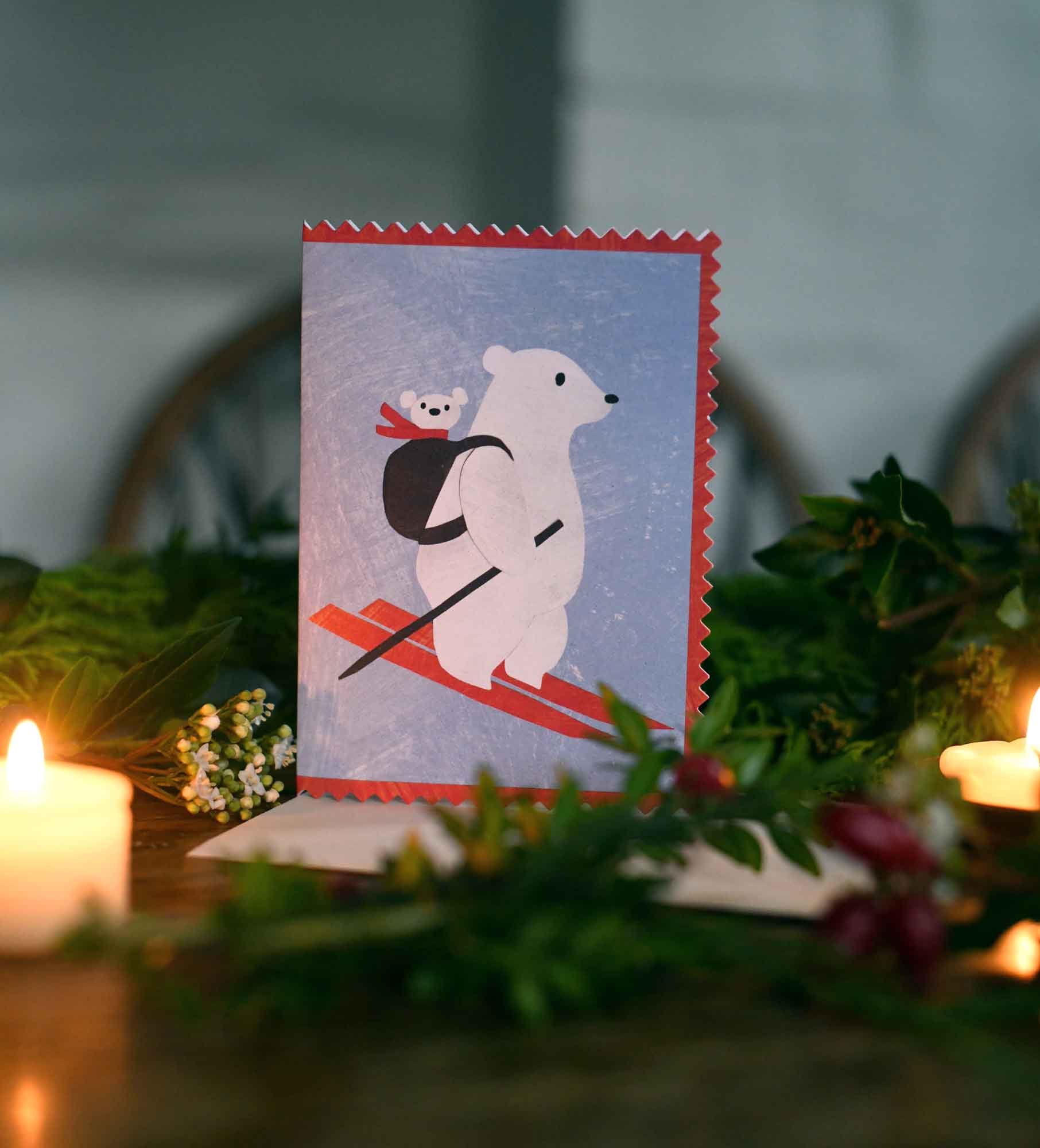 mama polar bear and a baba in a backpack christmas holiday greeting card by mortlake papers