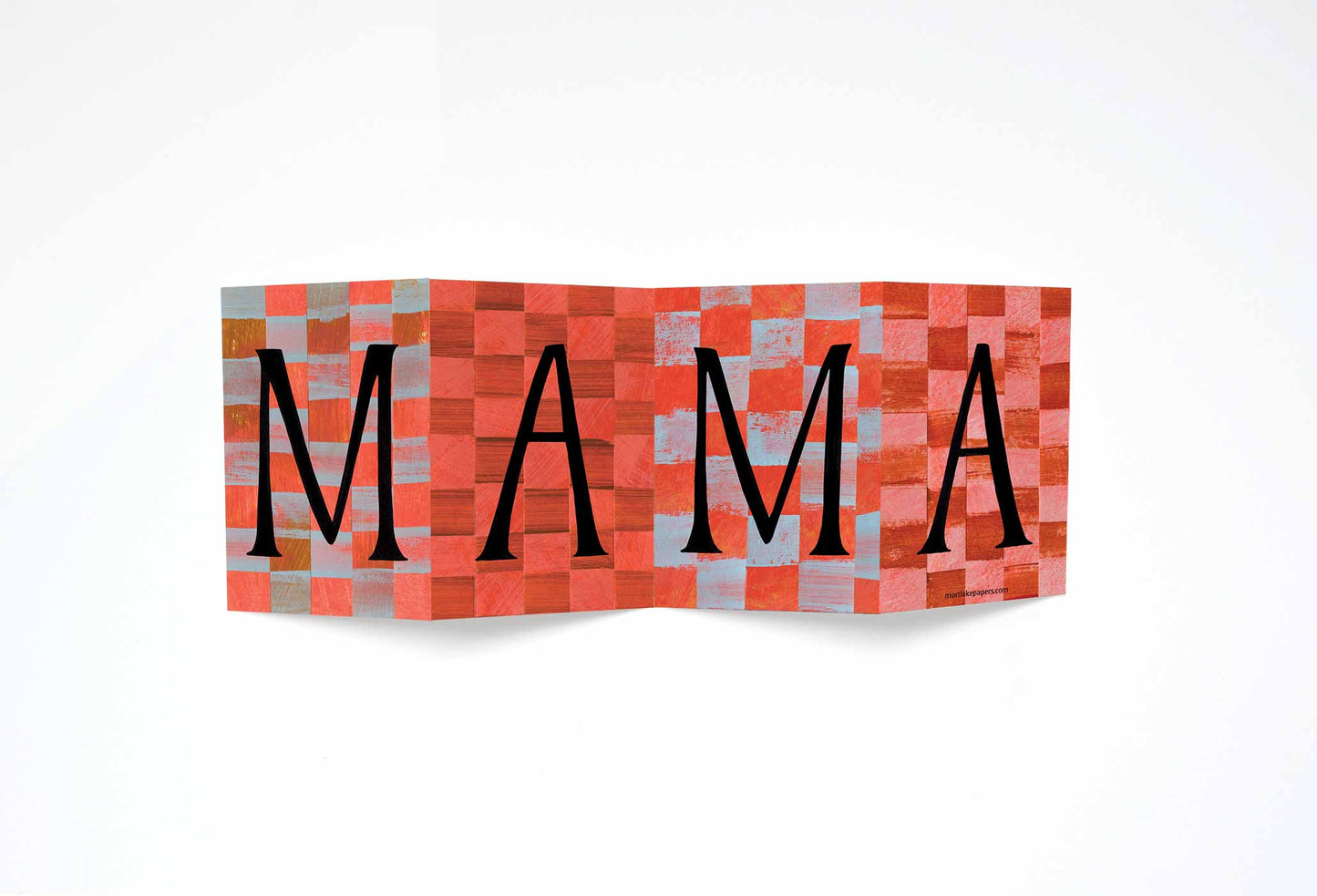 Decorative concertina greeting card by Alice Lickens for Mortlake pepers with 'MAMA' text on a white background.