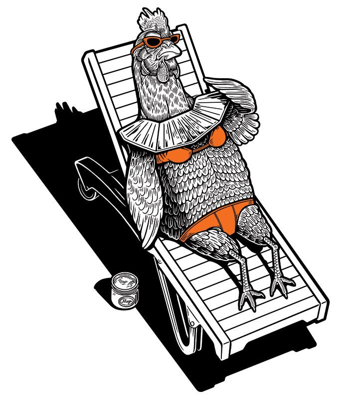 Illustration of a chicken lounging on a sunbed with sunglasses and a bikini.
