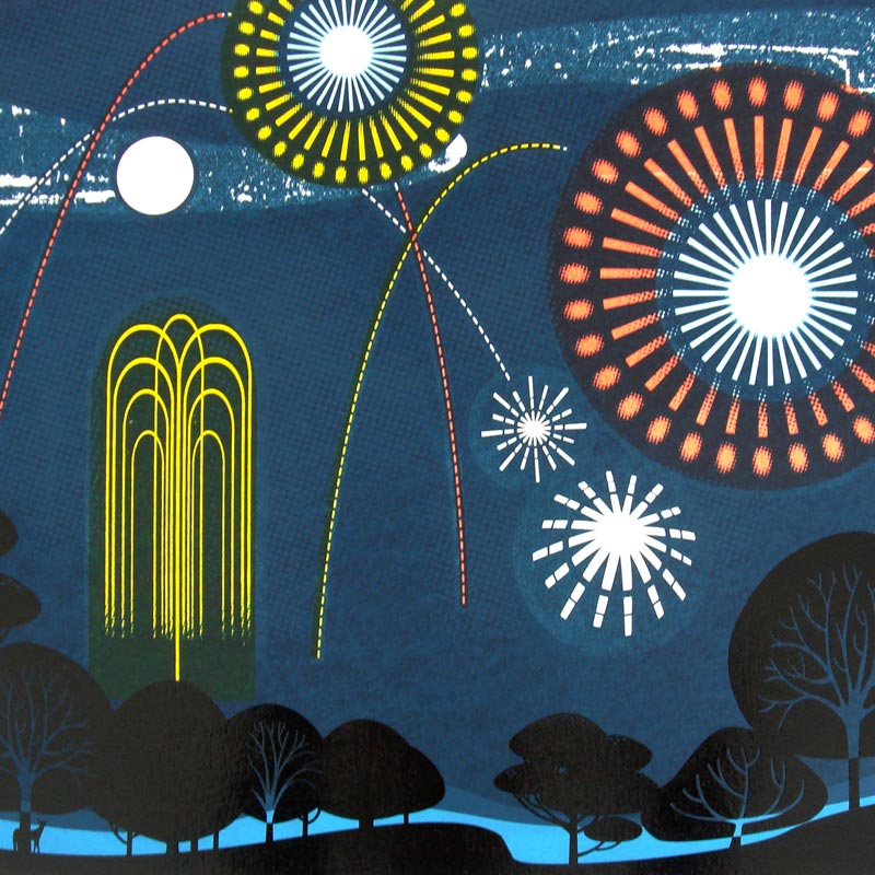 Screen print of white, yellow and orange fireworks on a dark blue mid summer evening sky in a park showing black tree silhouettes.