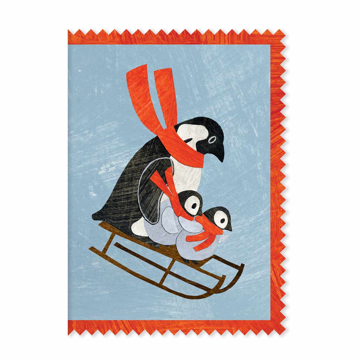penguin family on a sledge wearing a scarf christmas holiday greeting card by mortlake papers