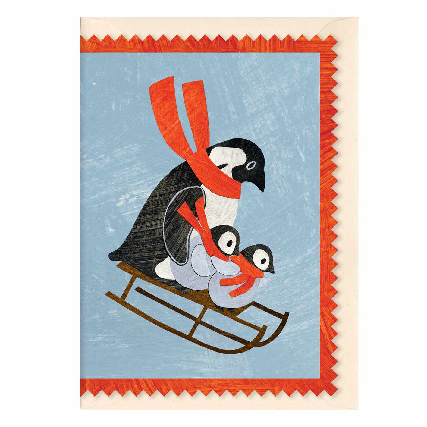 penguin family on a sledge wearing a scarf christmas holiday greeting card by mortlake papers