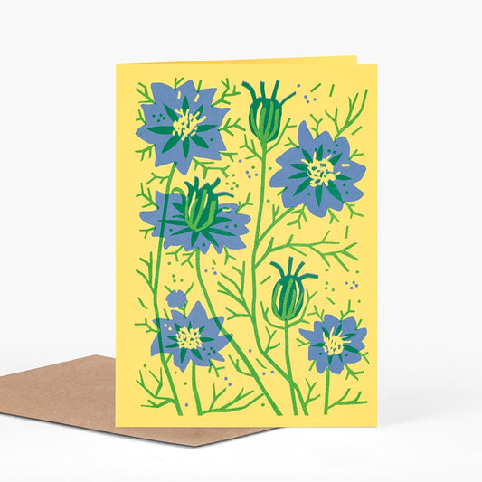 love in a mist screen printed in blue and green on yellow greeting card by pirrip press