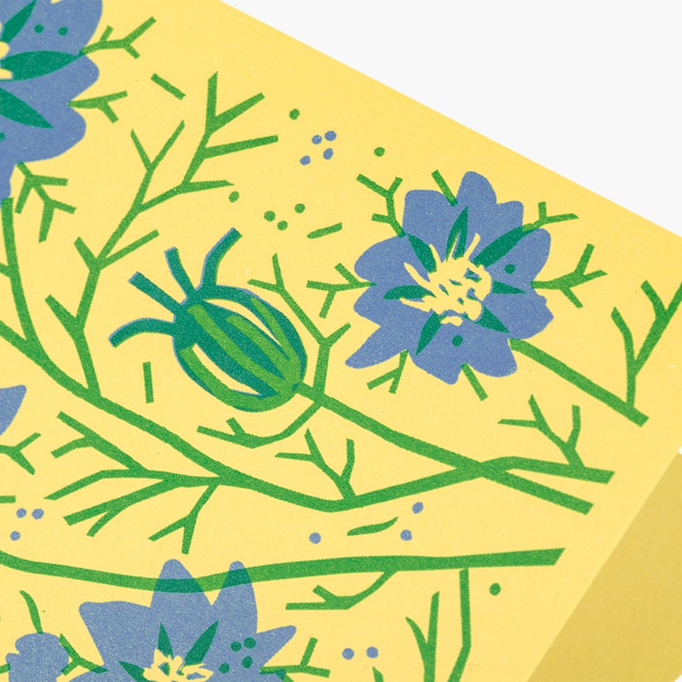 love in a mist screen printed in blue and green on yellow greeting card by pirrip press