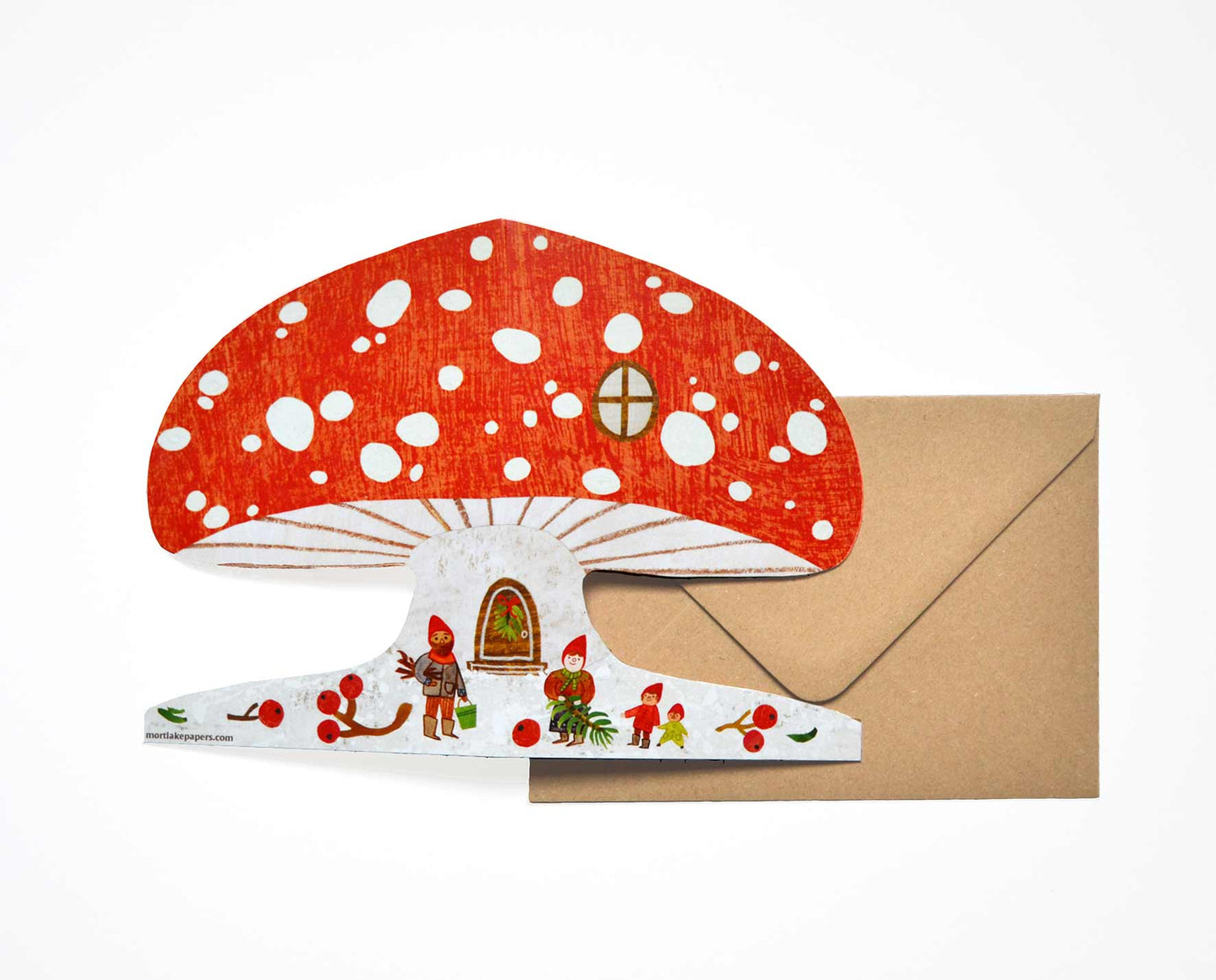Snowy red mushroom house winter scene christmas card