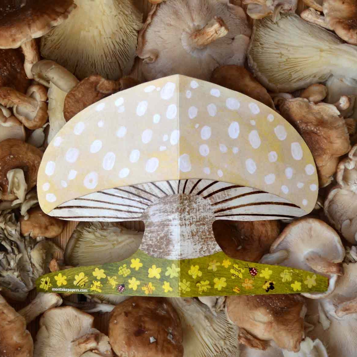 Spring Mushroom shaped die cut greeting card by Mortlake Papers.