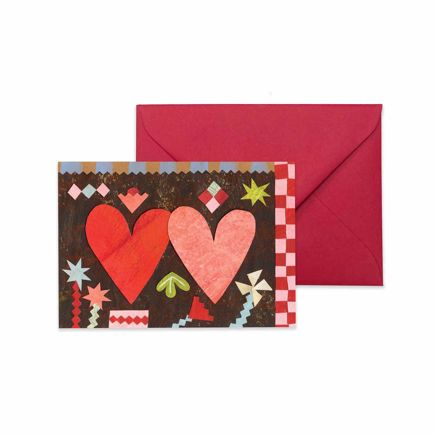 Greeting card with two hearts and a red envelope on a white background by Alice Lickens for Mortlake Papers.
