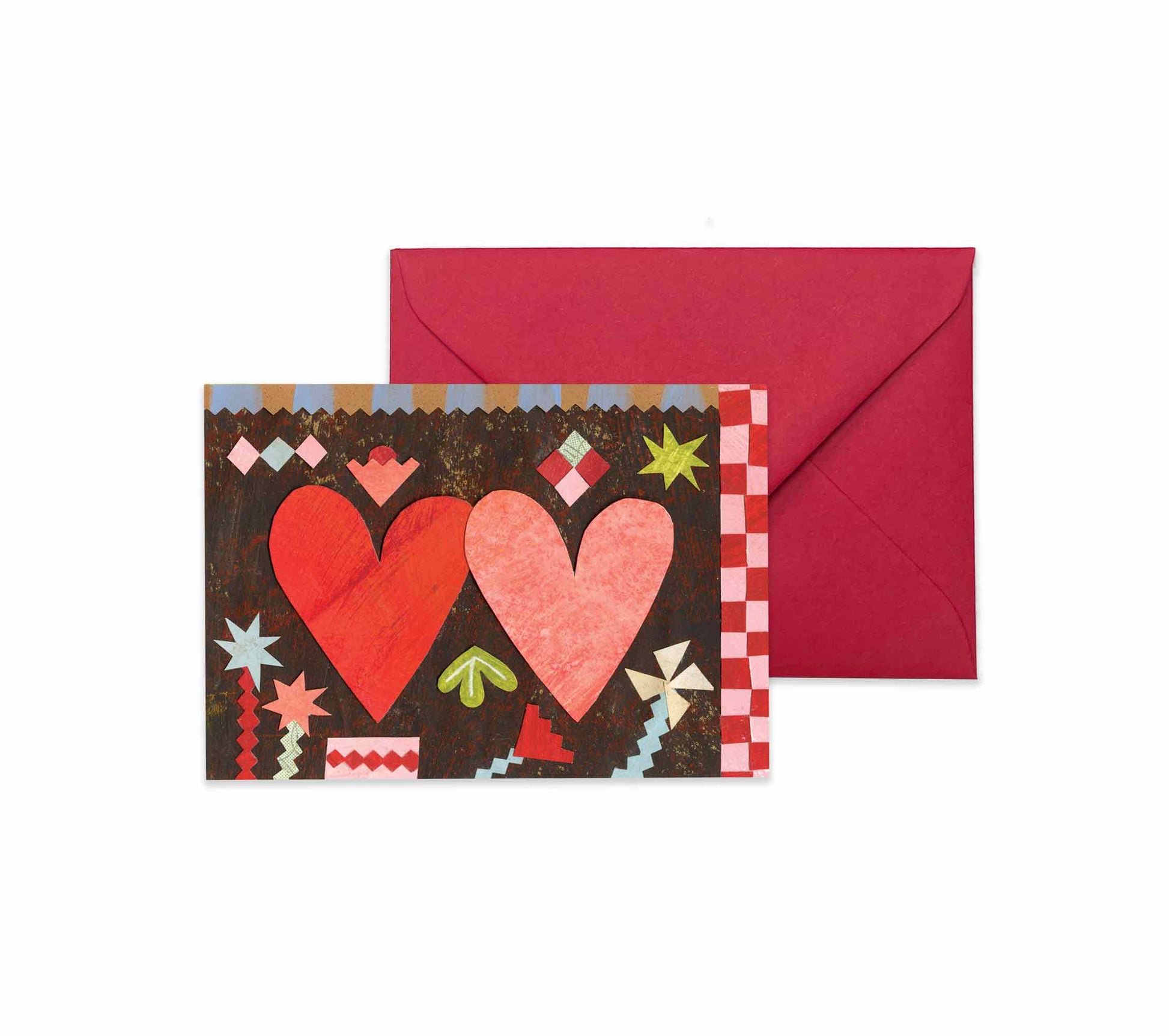 Greeting card with two hearts and a red envelope on a white background by Alice Lickens for Mortlake Papers.