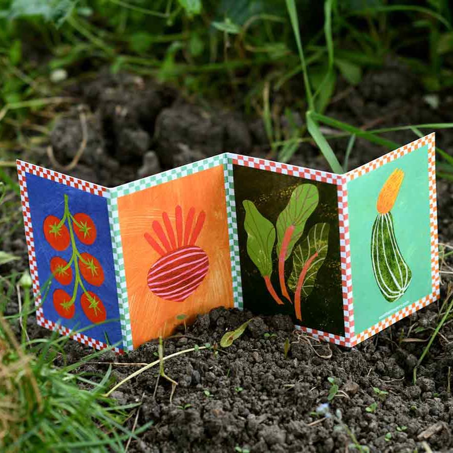 Vegetable patch concertina greeting card by Mortlake Papers.