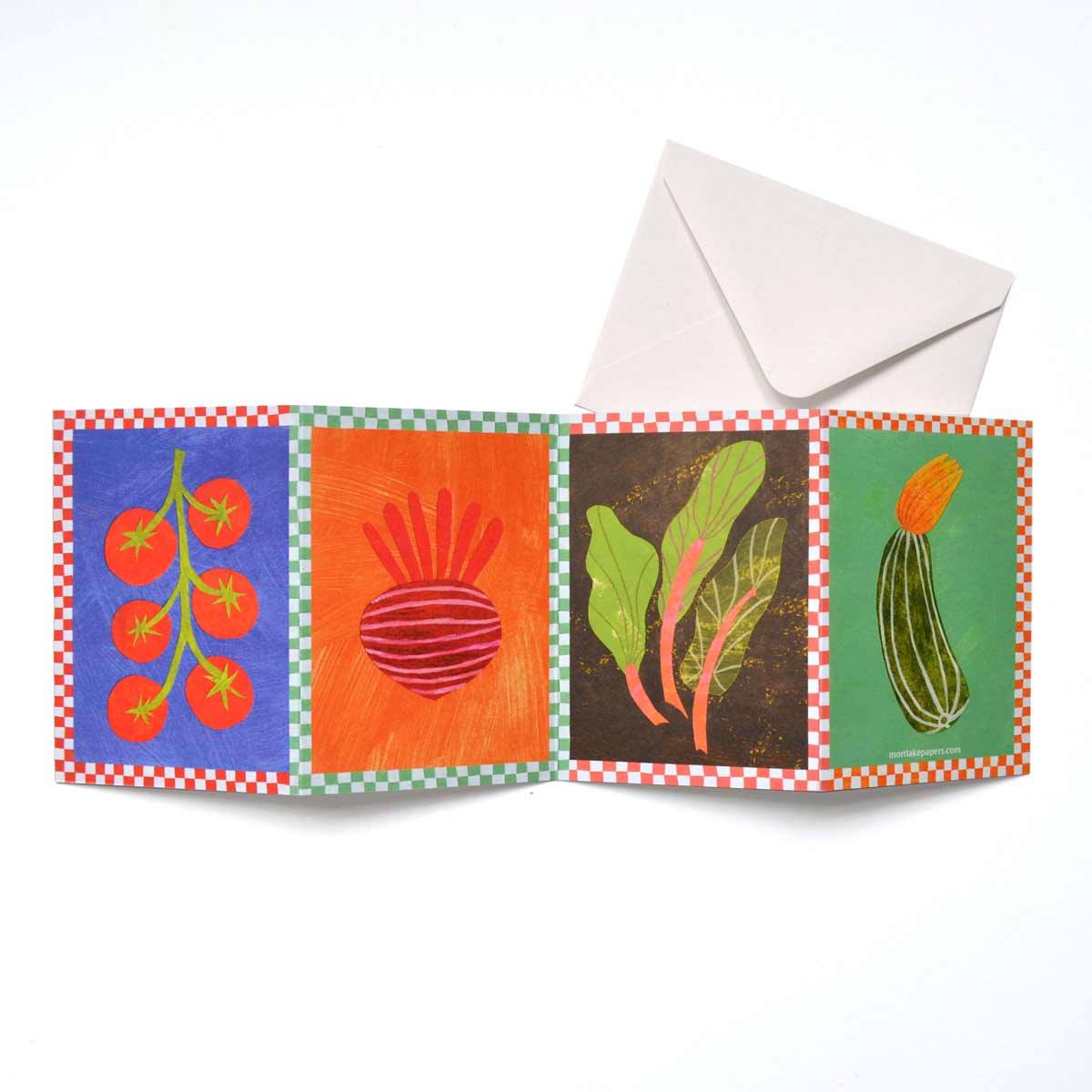 Vegetable patch concertina greeting card by Mortlake Papers.