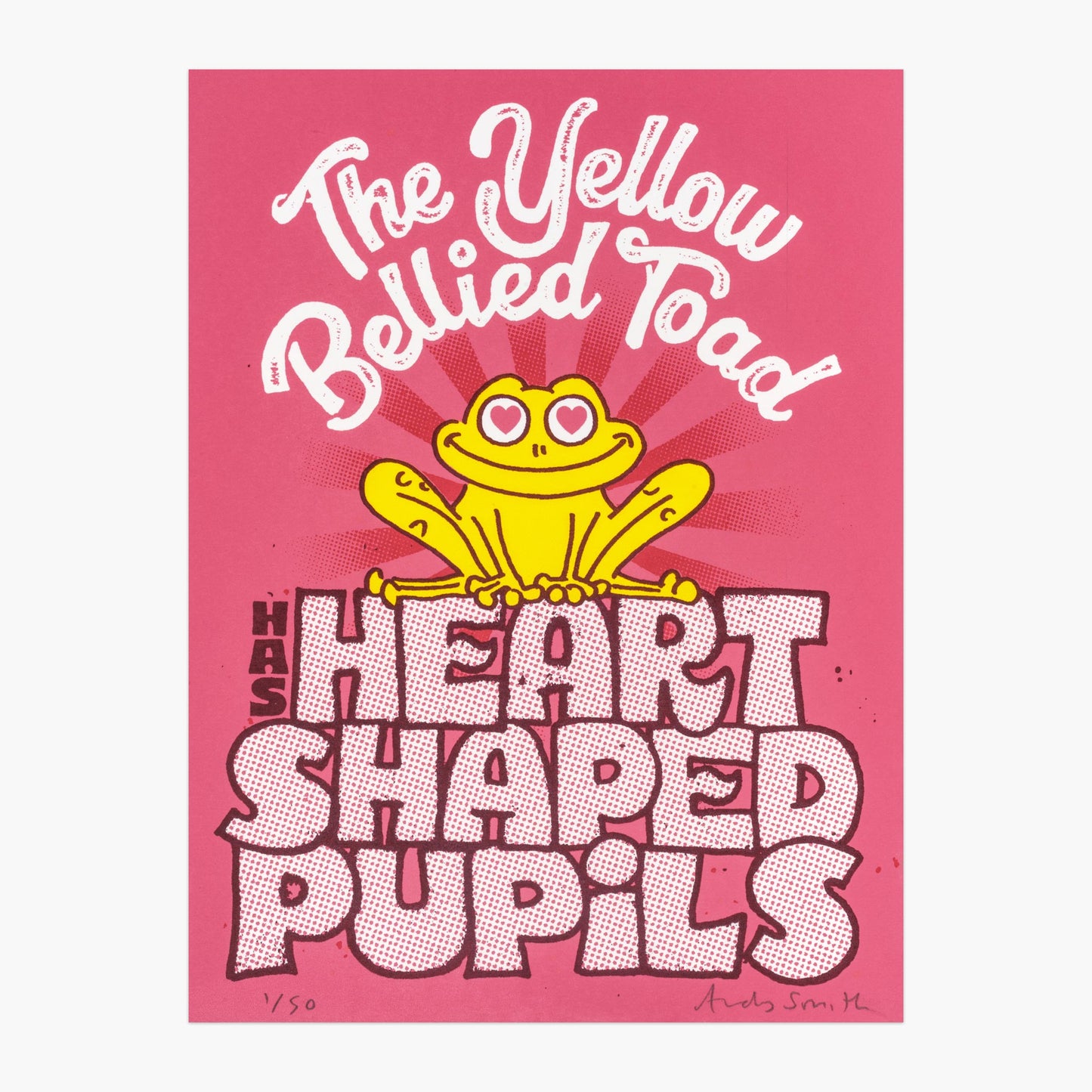 The Yellow Bellied Toad has Heart Shaped Pupils original silkscreen art print by illustrator Andy Smith.
