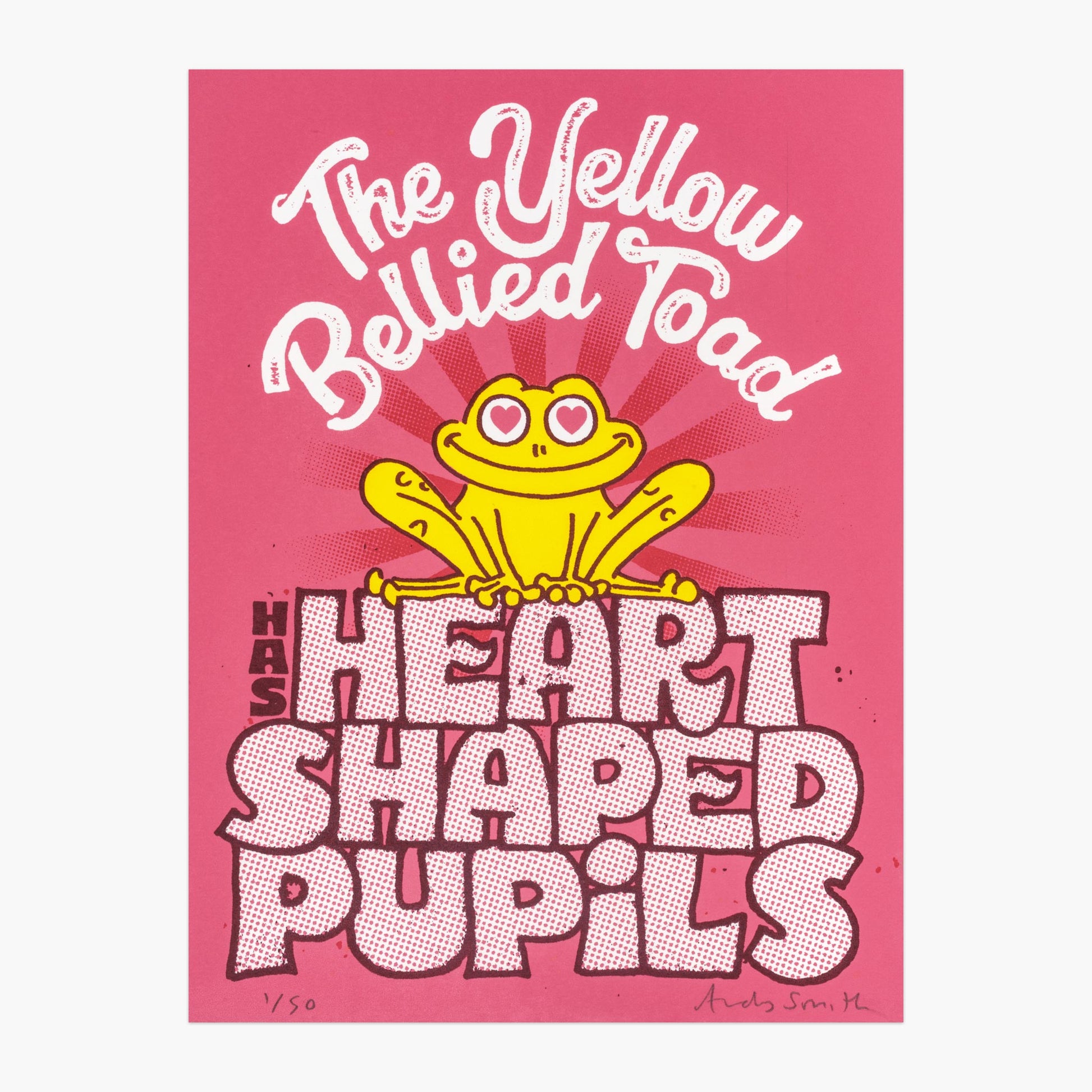 The Yellow Bellied Toad has Heart Shaped Pupils original silkscreen art print by illustrator Andy Smith.
