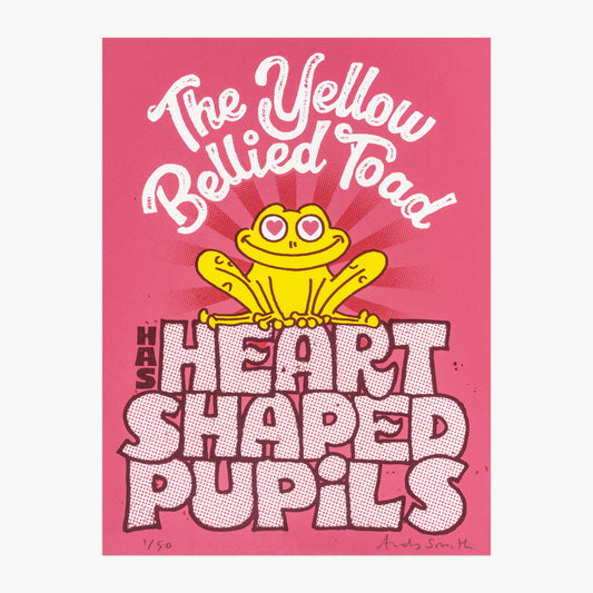 The Yellow Bellied Toad has Heart Shaped Pupils original silkscreen art print by illustrator Andy Smith.