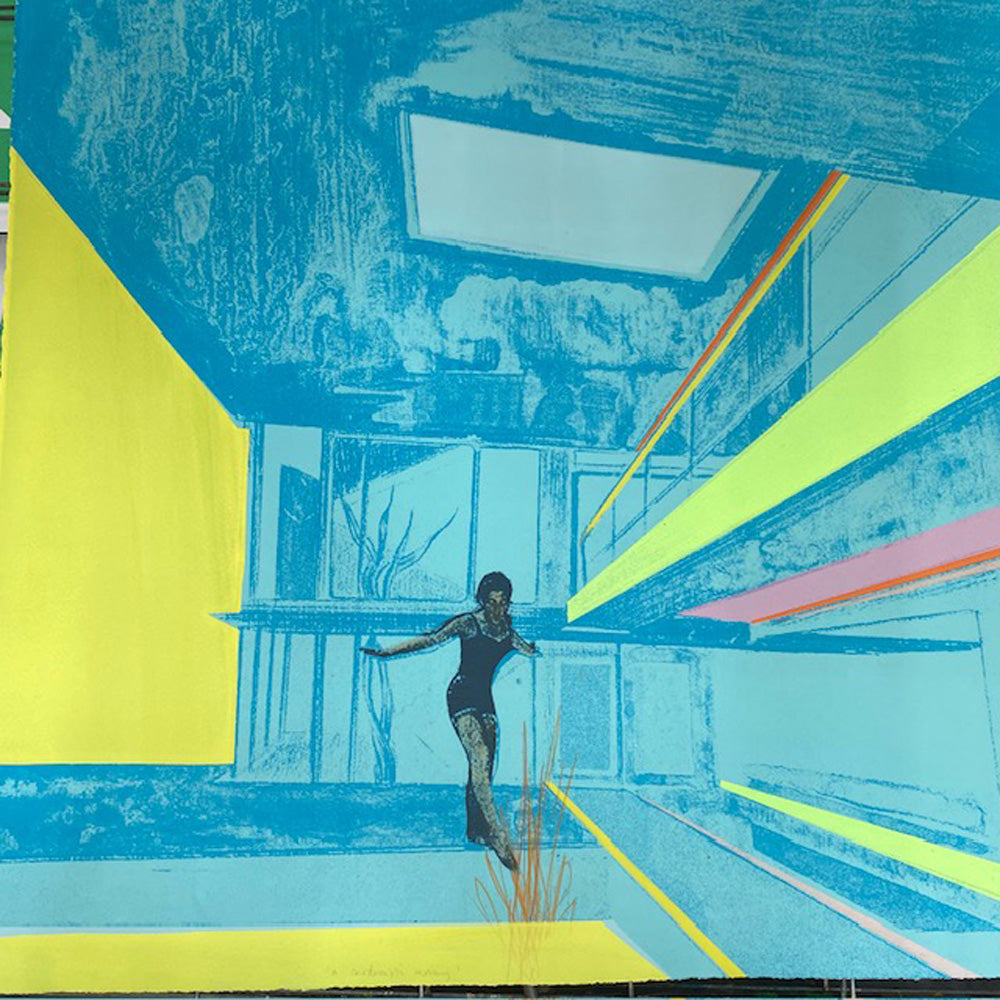 Screen print titled 'A Modernist Morning' by Anna Marrow featuring colorful abstract interior design with geometric shapes and a person.