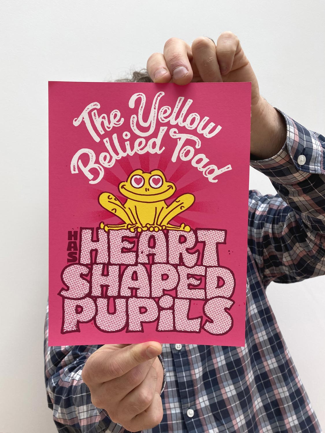 The Yellow Bellied Toad has Heart Shaped Pupils original silkscreen art print by illustrator Andy Smith.