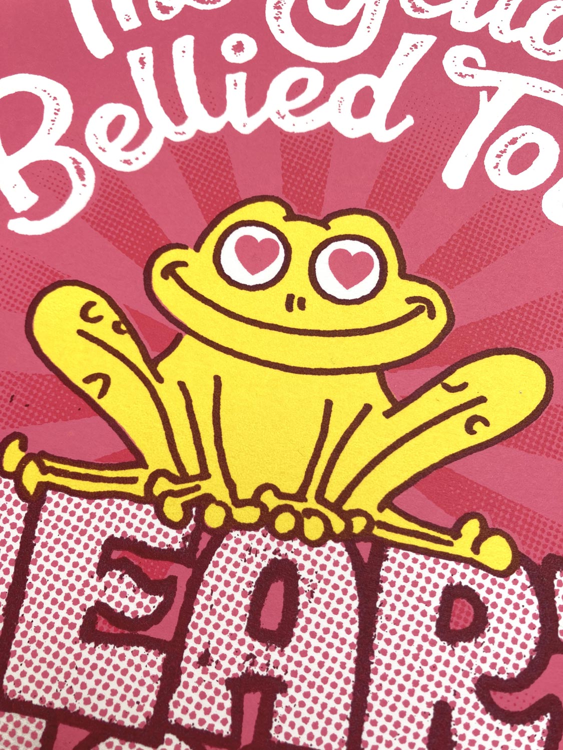 The Yellow Bellied Toad has Heart Shaped Pupils original silkscreen art print by illustrator Andy Smith.