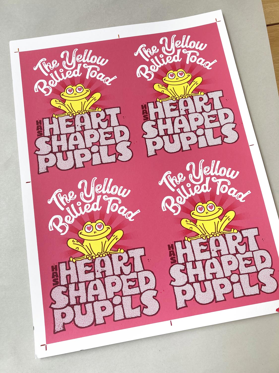 The Yellow Bellied Toad has Heart Shaped Pupils original silkscreen art print by illustrator Andy Smith.